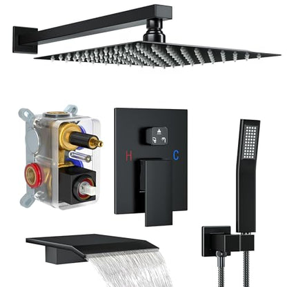 Shower System with 12-Inch Rain Head and Tub Spout | All-Metal Tub Shower Faucet Set, Wall Mounted Rain Showerhead, Handheld Spray, Includes Valve and Trim Kit, Matte Black - color: Matte Black, style: 12"-With Tub Spout