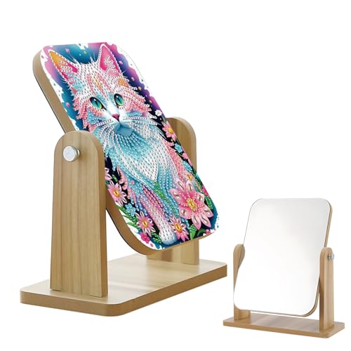 antor Diamond Painting Mirror – Cat Design Reversible Wooden Vanity Mirror for Desk, DIY Makeup Mirror with Decorative Diamond Art Back, Fun Craft Gift for Adults - color: Cat