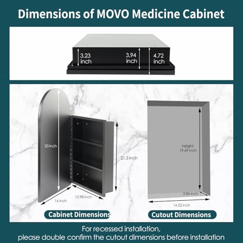 Movo Arched Black Medicine Cabinet with Mirror 16 x30 Inch | Metal Framed Bathroom Mirror Medicine Cabinet Wall Mounted,Recessed Medicine Cabinets for Bathroom with 2 Removable Shelves - size: 4.72"D x 16"W x 30"H