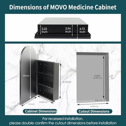 Movo Arched Black Medicine Cabinet with Mirror 16 x30 Inch | Metal Framed Bathroom Mirror Medicine Cabinet Wall Mounted,Recessed Medicine Cabinets for Bathroom with 2 Removable Shelves - size: 4.72"D x 16"W x 30"H