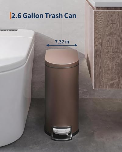 IDEALHOUSE 2.6 Gal/10L Slim Garbage Can for Bathroom with Lid, Brown | Stainless Steel Trash Bin for Small Space, Small Step-on Metal Waste Basket with Removable Inner Bucket, Soft Close - color: Brown