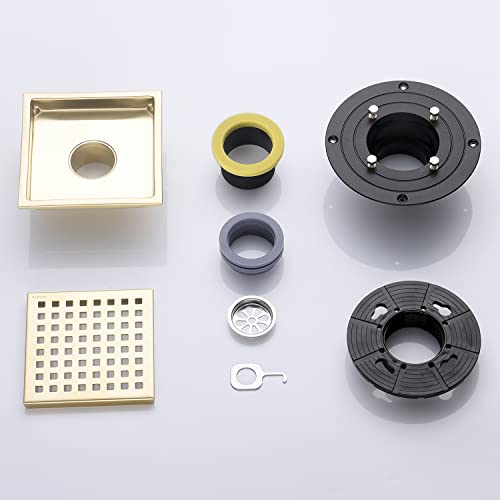 Brushed Gold Shower Drain Square，6 Inch SUS 304 Stainless Steel Removable Grid Strainer Cover,with Adjustable Drain Flange Kit Base PVC,Brass Finish