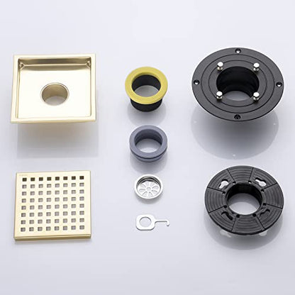 Brushed Gold Shower Drain Square，6 Inch SUS 304 Stainless Steel Removable Grid Strainer Cover,with Adjustable Drain Flange Kit Base PVC,Brass Finish