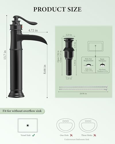 Matte Black Vessel Sink Faucets Waterfall Bathroom Faucet Single Handle | 1 Hole Brass for Lavatory Farmhouse with Pop Up Drain Mixer Tap Without Overflow Supply Line by Homevacious - color: Matte Black