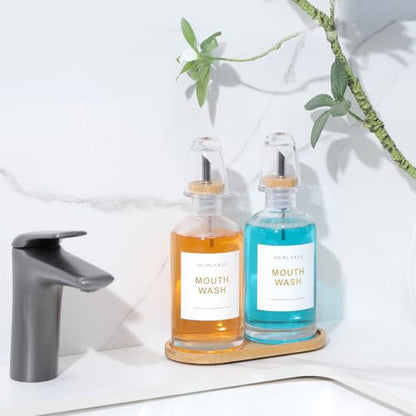 11.8OZ Glass Mouthwash Dispenser, Set of 2, Clear | Stainless Steel & Bamboo Nozzle, Reusable Mouthwash Cup, Bamboo Tray, Elegant Gold Sticker - color: Clear/350*2