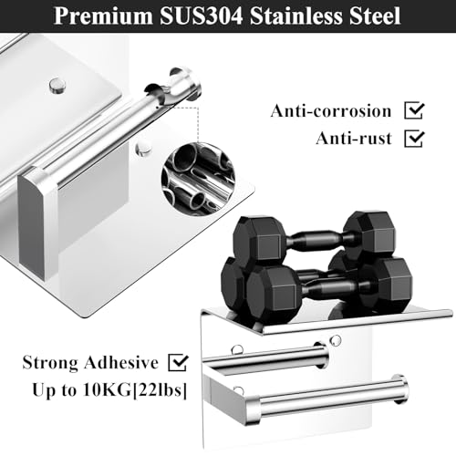 Tindbea Mega Size Toilet Paper Holder with Shelf + Towel Robe Hooks, Adhesive or Screw Wall Mounted Toilet Paper Roll Holder, Stainless Steel Bathroom Hardware Set (Polished Chrome) - color: Polished Chrome, size: Large