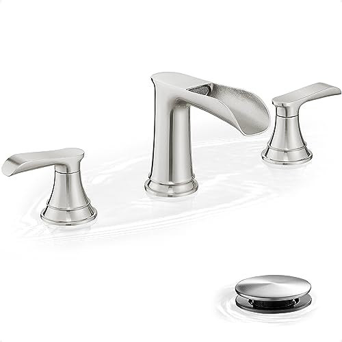 Widespread Bathroom Faucet Brushed Nickel, Brass Waterfall Bathroom Sink Faucet, 2 Handles Bathroom Faucets for Sink 3 Hole, 8 Inch Vanity Faucet for Lavatory RV Guest Room with Pop-Up Drain - color: Brushed Nickel