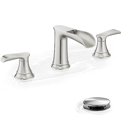Widespread Bathroom Faucet Brushed Nickel, Brass Waterfall Bathroom Sink Faucet, 2 Handles Bathroom Faucets for Sink 3 Hole, 8 Inch Vanity Faucet for Lavatory RV Guest Room with Pop-Up Drain - color: Brushed Nickel