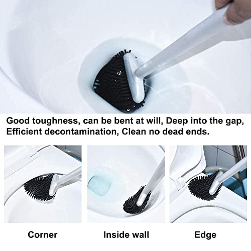 Silicone Toilet Brush, Ventilation Slots Base Holder 2 Pack Silver | Flexible Bristles Flat Head for Rim, Hair Tangle-Free, Easy to Clean, Compact Design, Rustproof Handle, for Toilet/Sink/Tub - color: Silver-2pcs