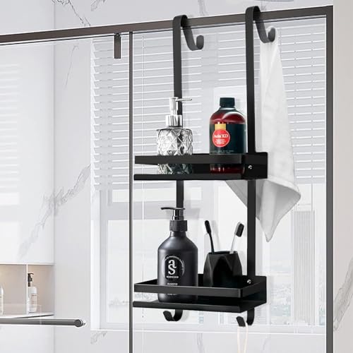 Black Shower Caddy Hanging Shower Caddy Stainless Steel Organizer Bathroom Shower Shelf Over Door No Drilling,Black,2 Tier - size: 2 tier
