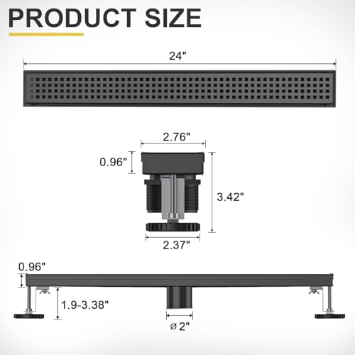 Linear Shower Drain - 24 Inch Matte Black, with Grate Removable | AISI 304 Stainless Steel Shower Drain with Adjustable Feet, Hair Catcher, Rectangle Shower Floor Drain Fits Bathroom, Balcony - color: Matte Black, size: 24 Inch