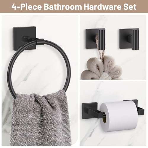Towel Ring Set 4 Piece Bathroom Hardware Set Includes Towel Ring 2 Towel Hooks and Toilet Paper Holder Stainless Steel Wall Mounted (Matte Black) - color: Matte Black, size: Set D
