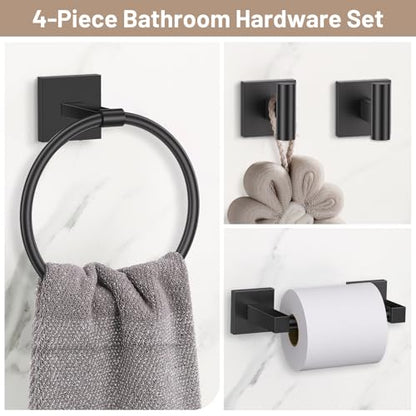 Towel Ring Set 4 Piece Bathroom Hardware Set Includes Towel Ring 2 Towel Hooks and Toilet Paper Holder Stainless Steel Wall Mounted (Matte Black) - color: Matte Black, size: Set D