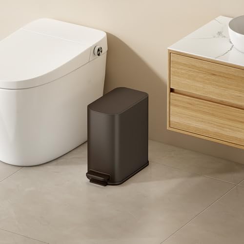 TIPGO Small Bathroom Trash Can with Lid Soft Close, Step Pedal, 1.3 Gallon / 5 Liter Stainless Steel Slim Garbage Can for Office, Diaper Waste Basket with Removable Inner Bucket (Brown) - color: Brown