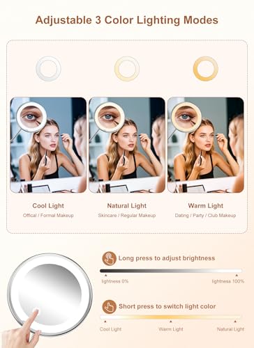 Brightown 10x Magnifying Mirror with Light,Flexible Gooseneck Make up Mirror with Lights and Magnification, Battery Operated with Suction Cups for Wall Bathroom Silver 3 Lighting | Wall-Mounted Lighted Vanity Makeup Mirror, Cordless Battery Operated LED M