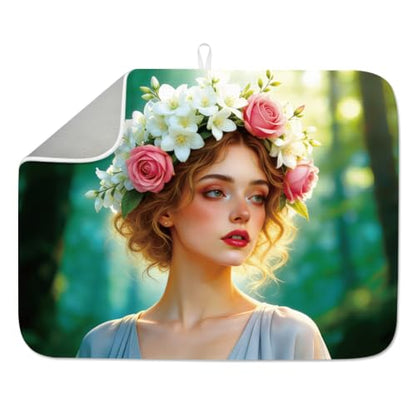 1Pc Lady Floral Dish Mat 23.6 X 17.7 Inch/60 X 45Cm Microfiber Absorbent Drying Pad Heat Resistant Coffee Bar Mats Hanging Loop Garland Butterfly Dishes Drainer Mat For Kitchen Counter, Green - style: Girly Flowers