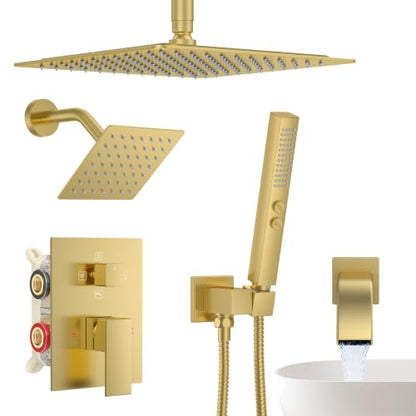Brushed Gold Rainfall Shower System – Complete Spa Faucet Set with Handheld Sprayer & Mixer Valve –Tub Spout Bathroom Fixture Trim Kit - color: Brushed Gold, size: 6''+12''+Bathtub Faucet