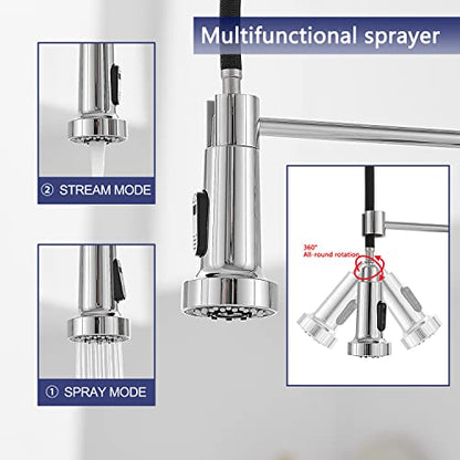VOTON Chrome Kitchen Faucets with Pull Out Sprayer Commercial Spring Sink Faucet Stainless Steel Pull Down Single Handle Farmhouse faucets with Deck Plate for Camper Laundry Utility Rv Wet Bar - color: Chrome