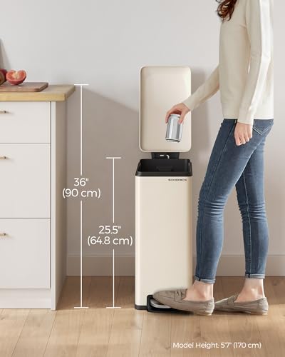 SONGMICS Slim Trash Can, 13-Gallon (50 L) Garbage Can for Narrow Spaces with Soft-Close Lid, Inner Bucket, and Step-on Pedal, Stainless Steel, 15 Trash Bags Included, Sand Beige ULTB510A01 - color: Sand Beige, style: 13 Gal.
