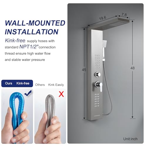 ROVATE 4 in 1 Rainfall Shower Panel Tower with Powerful Body Jets, Brushed | High Pressure Stainless Steel Shower Column with Flexible Handheld, Waterfall Tub Spout, Adjustable Waterflow - color: Brushed Finish