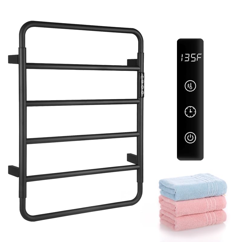 VJASS Heated Towel Rack for Bathroom, 4 Bar Stainless Steel Electric Towel Warmer with Built-in Timer, Dual Hardwired & Plug-in Wall Mounted Installation (Matte Black) - color: Matte Black