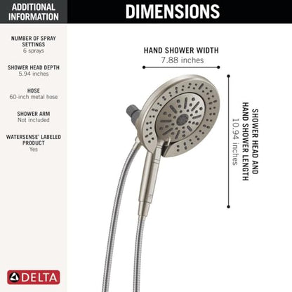 Delta 6-Setting In2ition 2-in-1 Dual Shower Head with Handheld High Pressure ProClean Spray, Brushed Nickel Detachable Shower Head with Hose, 1.75 GPM Flow Rate, Satin Nickel 75655SN - color: Spotshield Brushed Nickel