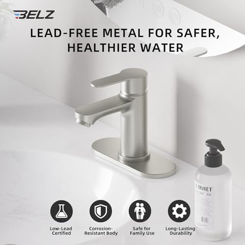 BELZ Nickel Bathroom Faucet, Lead-Free for 1 or 3 Hole 4" Vanity Sink | NSF372 Compliant,Anti-peeling PVD Finish,Includes Pop-up Drain & Hoses,Single Handle Modern Design, Easy DIY Install - color: Brushed Nickel