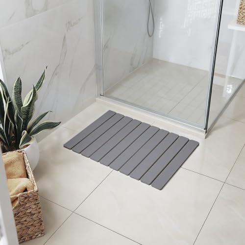 Meowoo Foldable Stone Bath Mat, 23.6"x15.3" Diatomaceous Earth Bath Mat, Non-Slip Quick Dry Bathroom Floor Mats, Super Absorbent, Easy to Clean, Stone Bathroom Floor Mats for Bathtub Front - Dark Gray - color: Dark Gray, size: 23.6"x15.3"