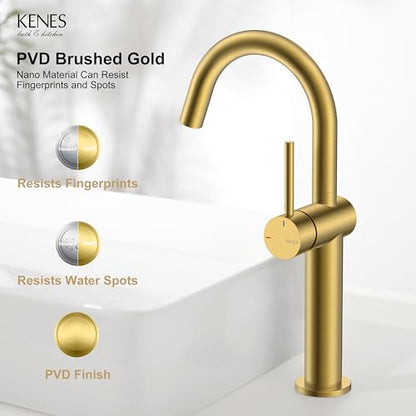 Brushed Gold Tall Bathroom Faucet, Single Handle Vessel Sink Faucet | Vessel Bowl Faucet with Pop Up Drain & Supply Lines, Lead-Free cUPC & NSF Certified, 1 Hole Faucet for Vanity RV Restroom - color: Brushed Gold, size: Tall