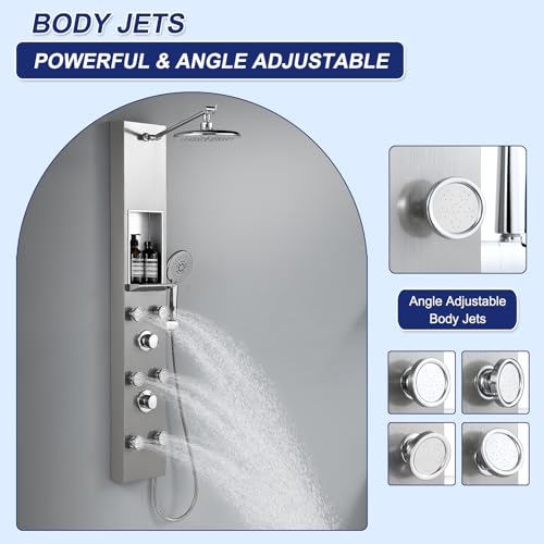 ROVATE Shower Panel Tower System with Shelf & 6 Body Jets, Brushed Finish | Stainless Steel Shower Column with Height Adjustable Shower Arm, Self-Cleaning Rainfall Showerhead & Handheld - color: Brushed Finish