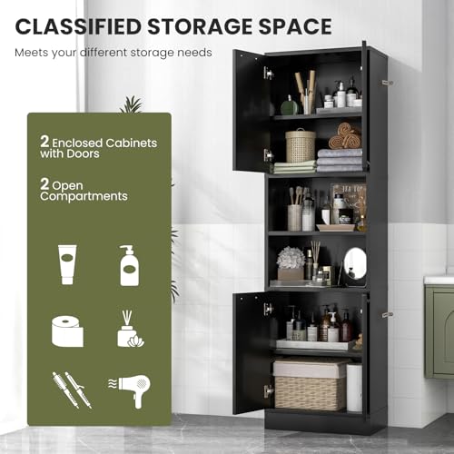 NAFORT Bathroom Storage Cabinet, 75" Freestanding Tall Cupboard with Shelves, Anti-toppling Devices & Non-Slip Foot Pads, Modern Slim Cabinet for Livingroom, Dining Room & Bath Room - color: Black