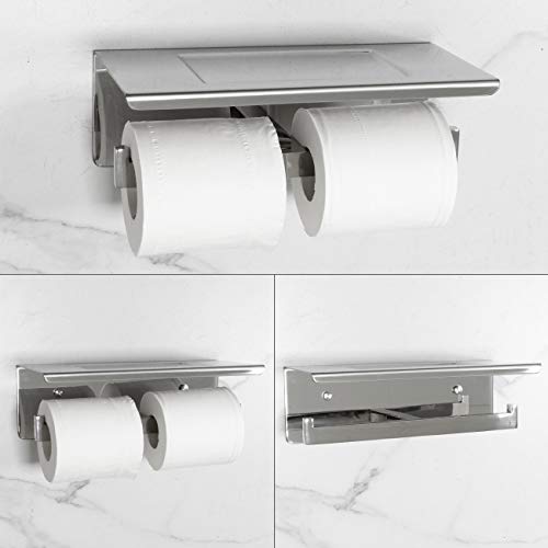 Toilet Paper Holder, Toilet Paper Double Roll Holder with Shelf, Wall Mounted, Polished Stainless Steel - color: Polished