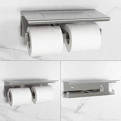 Toilet Paper Holder, Toilet Paper Double Roll Holder with Shelf, Wall Mounted, Polished Stainless Steel - color: Polished