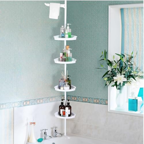 Corner Shower Caddy Tension Pole, 101.6''-122'', 4 Tier Shower Shelf, Rust Proof No Drilling Bathroom Organizer with Adjustable Trays, Plastic Bathtub Shelves Shamboo Holder, White