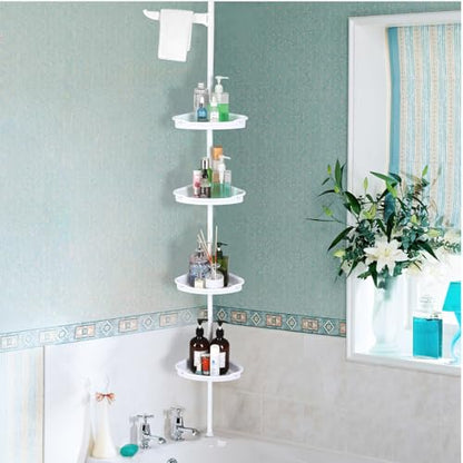Corner Shower Caddy Tension Pole, 101.6''-122'', 4 Tier Shower Shelf, Rust Proof No Drilling Bathroom Organizer with Adjustable Trays, Plastic Bathtub Shelves Shamboo Holder, White