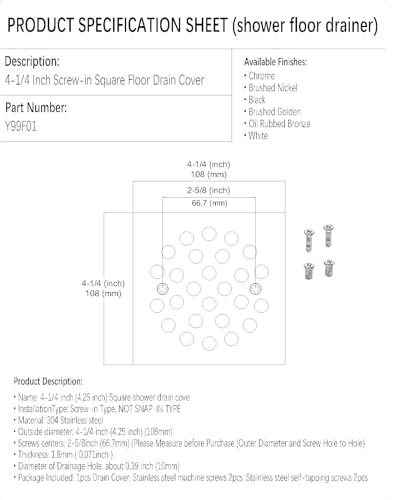 4-1/4 Inch Screw-in Square Floor Drain Cover Replacement Shower Grates with Screws (Brushed Nickel) - color: Brushed Nickel