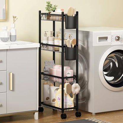Slim Rolling Storage Cart, 4 Tier Narrow Utility Cart with Wheels, Skinny Metal Mobile Shelf Unit Organizer for Bathroom Kitchen Laundry Room Pantry Office Small Spaces, Black