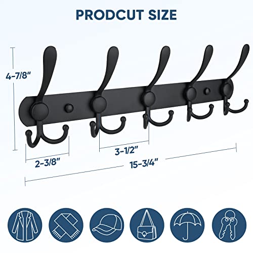 TICONN Wall Mounted Coat Rack, Five Heavy Duty Tri Hooks All Metal Construction for Jacket Coat Hat in Mudroom Entryway (Matte Black, 2-Pack) - color: Matte Black