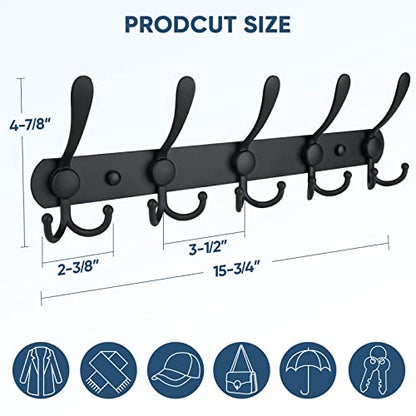 TICONN Wall Mounted Coat Rack, Five Heavy Duty Tri Hooks All Metal Construction for Jacket Coat Hat in Mudroom Entryway (Matte Black, 2-Pack) - color: Matte Black