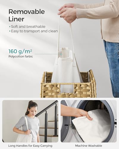 SONGMICS Laundry Hamper with Lid, 23.8 Gallon (90 L) Synthetic Rattan Clothes Laundry Basket with Lid and Handles, Foldable, Removable Liner, Goose Yellow ULCB51NL - color: Goose Yellow, size: 90 L