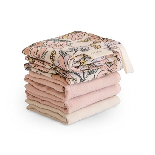 mushie Muslin Organic Cotton Washcloths 5-Pack (Retro Flowers Combo) | Soft Wipes for Baby Cleanups and Bathing - color: Retro Flowers Combo