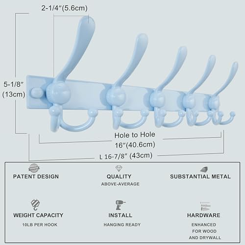 Coat Rack Wall Mount, Heavy Duty 12-Gauge Base vs Flimsy 1mm, Double-Thick Solid Anti-Snap Hooks, 16” Stud-Mount, Stainless Steel Hanger for Clothes Hat Entryway Closet Mudroom, Blue - color: Blue, size: L=17" (1pcs)