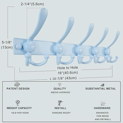 Coat Rack Wall Mount, Heavy Duty 12-Gauge Base vs Flimsy 1mm, Double-Thick Solid Anti-Snap Hooks, 16” Stud-Mount, Stainless Steel Hanger for Clothes Hat Entryway Closet Mudroom, Blue - color: Blue, size: L=17" (1pcs)