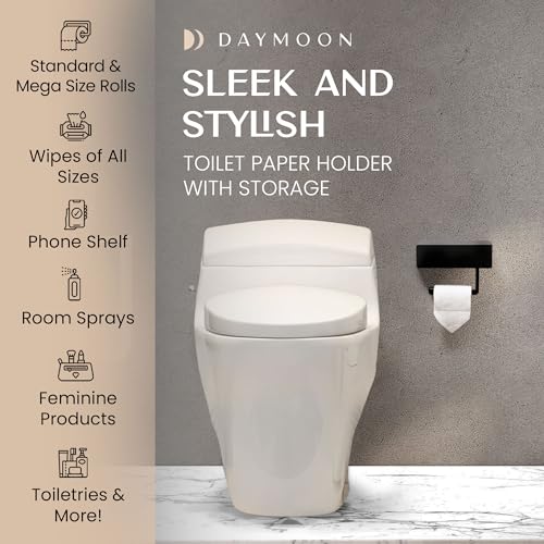 Day Moon™ Matte Black Toilet Paper Holder with Shelf & Wipe Storage, Bathroom Roll Holder with Built-in Wipe & Tampon Holder, Wall Mounted Flushable Wipe Dispenser - color: Matte Black