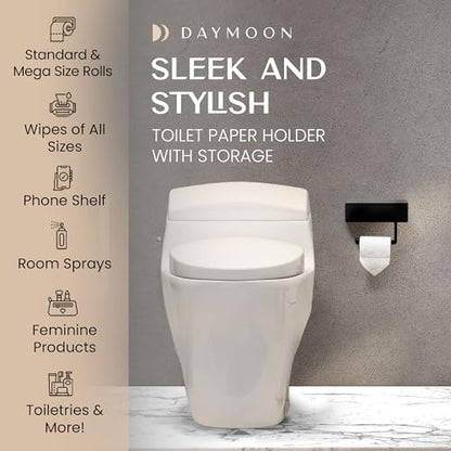 Day Moon™ Matte Black Toilet Paper Holder with Shelf & Wipe Storage, Bathroom Roll Holder with Built-in Wipe & Tampon Holder, Wall Mounted Flushable Wipe Dispenser - color: Matte Black
