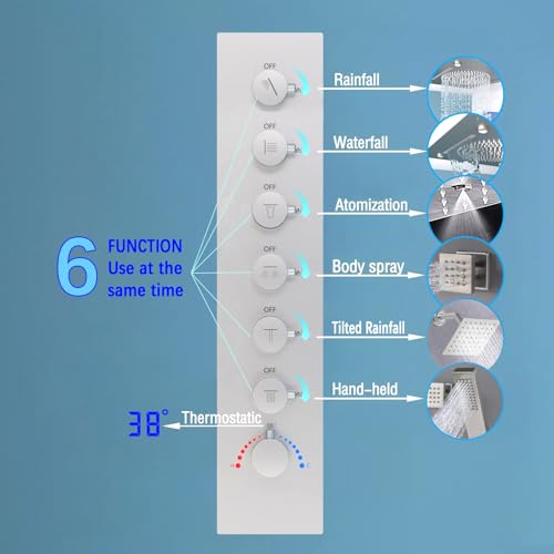 Enga Luxury Dual Shower Head System with Body Jets LED Thermostatic Shower System with 6 inch Wall Shower, 20-Inch 3 Function Shower Head (Rainfall & Mist & Waterfall), Brushed Nickel - color: Brushed Nickel, style: 20" Head (Rain + Mist+Waterfall) - 6" H
