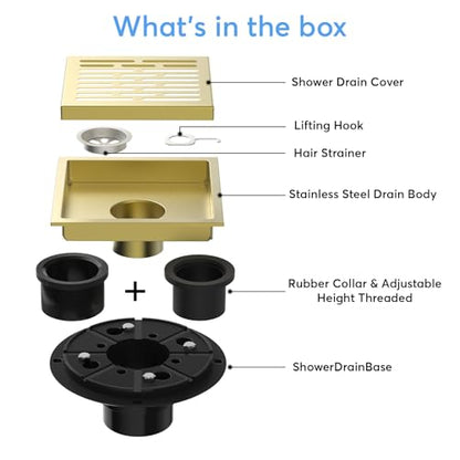 EXF Square Shower Floor Drain 6 Inch Brushed Gold | 304 Stainless Steel, ABS Flange, Anti-Clog, Removable Brick Pattern Drain Cover, with Hair Catcher
