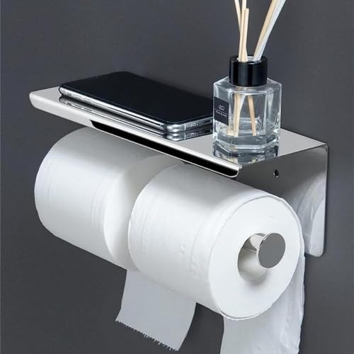 Double Toilet Paper Holder with Shelf Double Roll Toilet Paper Holder Wall Mounted Stainless Steel for Bathroom (Silver) - color: Silver-double With Shelf, size: Fits Regular Rolls