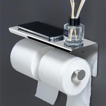Double Toilet Paper Holder with Shelf Double Roll Toilet Paper Holder Wall Mounted Stainless Steel for Bathroom (Silver) - color: Silver-double With Shelf, size: Fits Regular Rolls