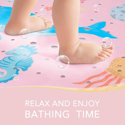 PRATIQUE Kids Bath Mat for Tub Non Slip，40 X 16 Inch Extra Long Kids Bathtub Mat Ocean Bathtub Shower Mat Safety Anti Slip with Suction Cups and Drain Holes, Machine Washable(Pink Whale) - color: Pink